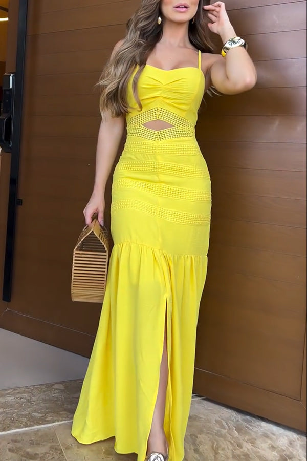 Vestido largo con cola de pez hueca y patchwork de encaje de crochet de Beautiful Essence 