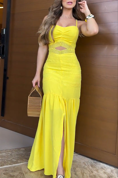 Vestido largo con cola de pez hueca y patchwork de encaje de crochet de Beautiful Essence 