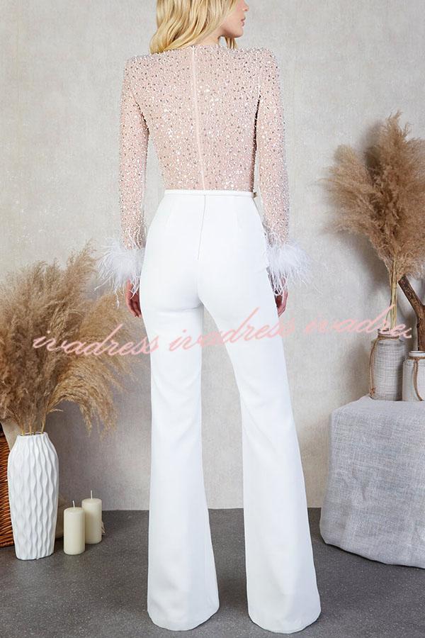 Ready for Vegas Feather Detail Trim Sequin Jumpsuit