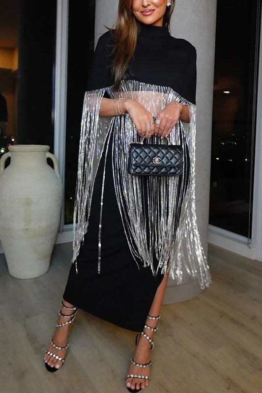 New Level Shiny Tassel Stand Neck Crop Cape Blouse