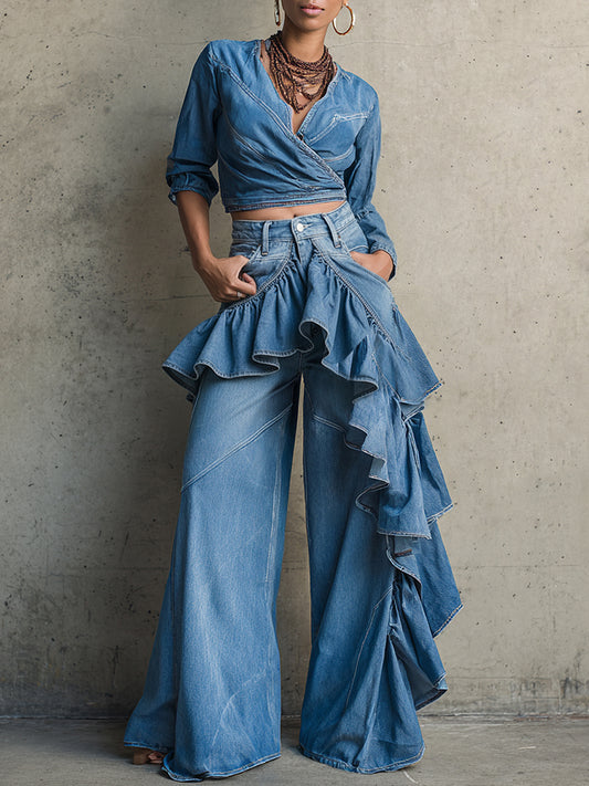 sheenchic Vacation Blue Ruffle Western Pocket Tencel Denim Jeans [Pre-Order]