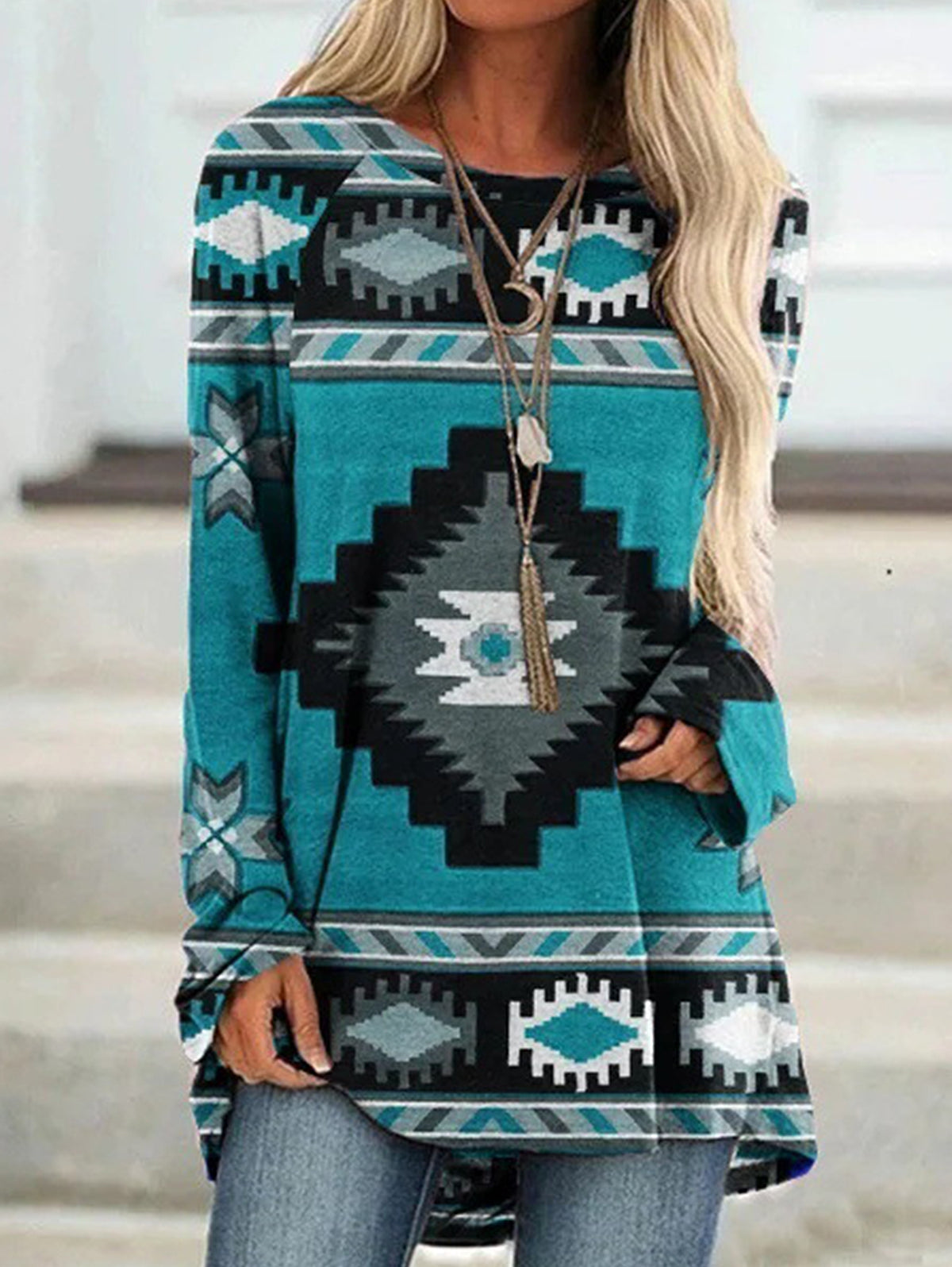 Ethnic Retro Print Crew Neck Long Sleeve T-Shirt