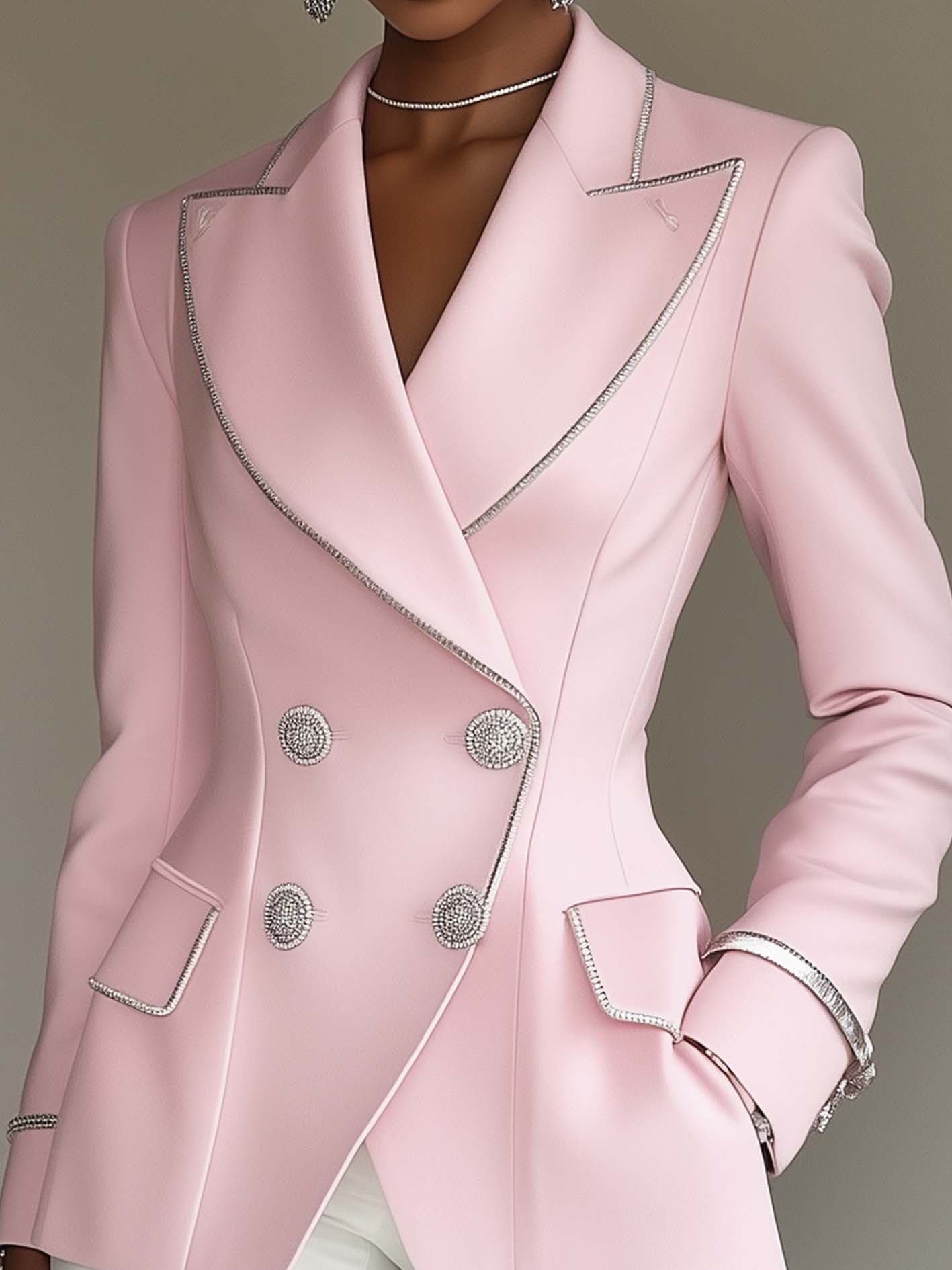 24-Hour-Shipping Pink Blazer With Silver Trim And Double-breasted Buttons