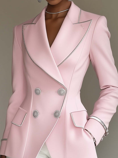 24-Hour-Shipping Pink Blazer With Silver Trim And Double-breasted Buttons