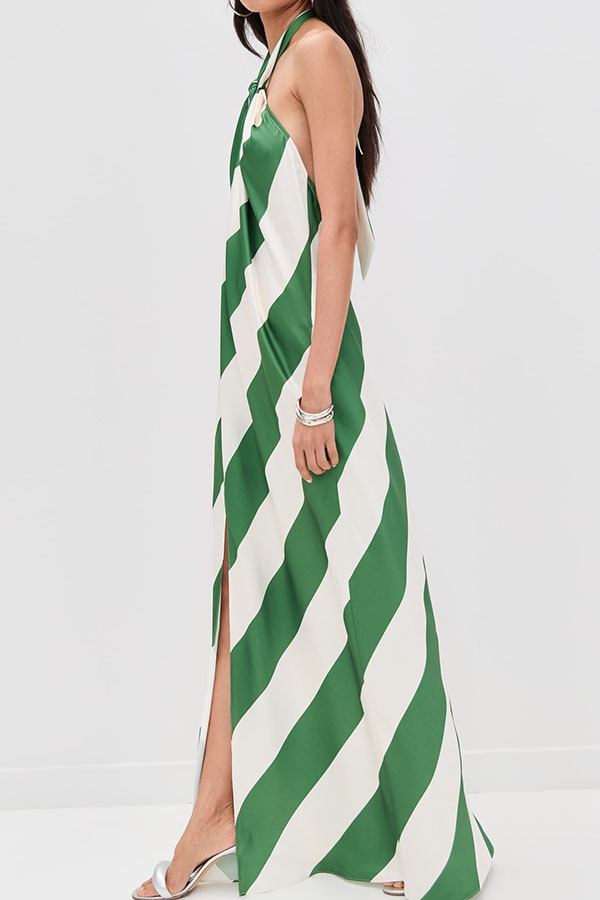 Most Dreamy Stripe Print Halter Tie-up Backless Pocket Loose Maxi Dress