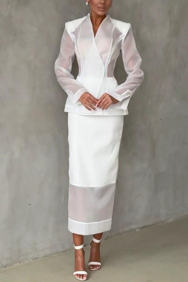 Blazer de organza con escote en V y manga larga con corte de reloj de arena de forma perfecta 