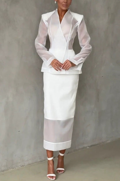 Blazer de organza con escote en V y manga larga con corte de reloj de arena de forma perfecta 