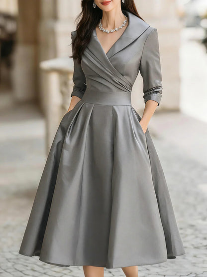 Business Casual Black Cascade Front Long Sleeve Ruffled Elegant Satin Midi Dresses