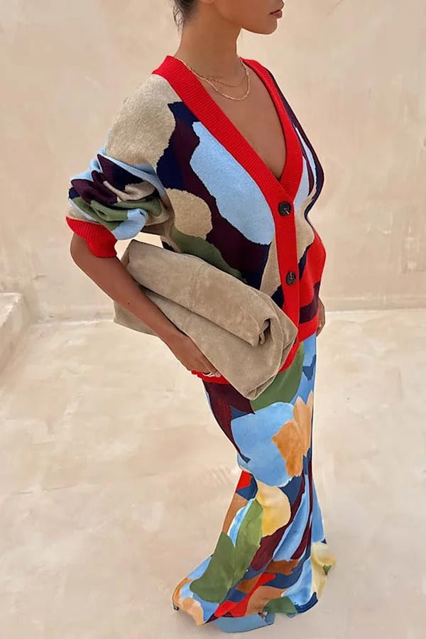 Cárdigan holgado de manga larga con botones y bloques de colores abstractos de punto brillante y atrevido 