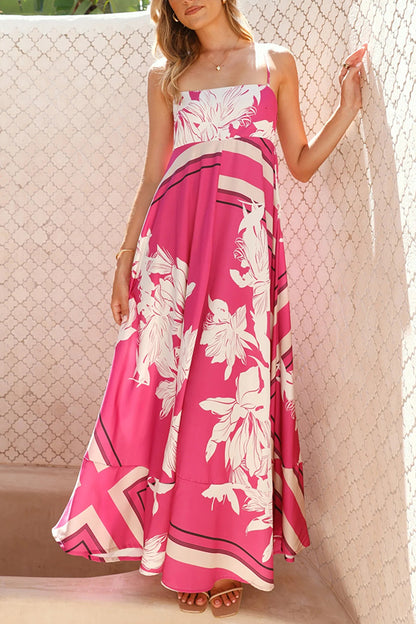 Vestido largo holgado plisado con cuello cuadrado y halter con estampado botánico 