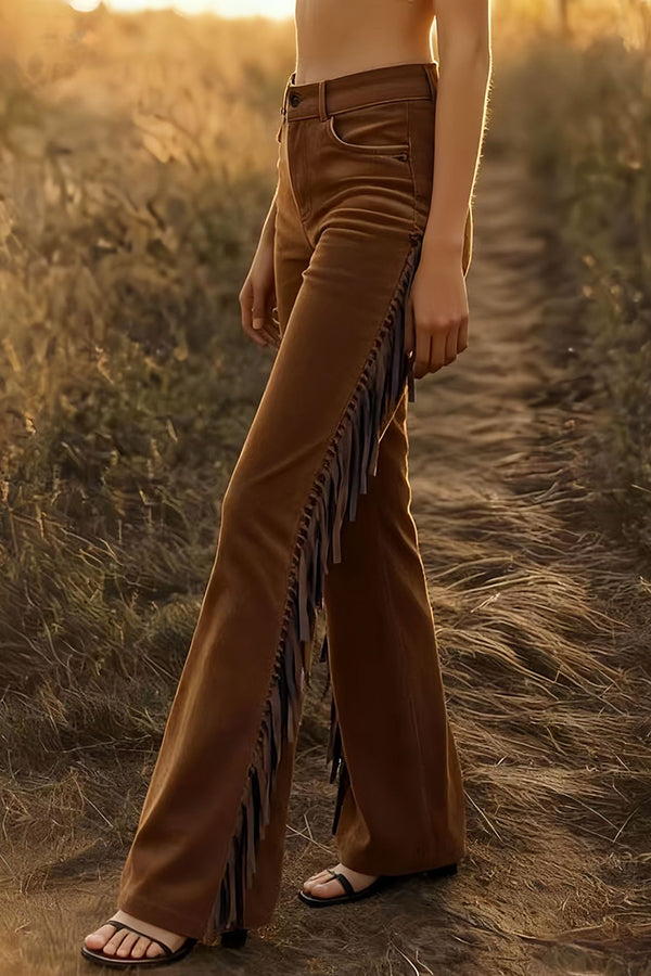 Stylish Suede High-waisted Fringed Casual Flared Pants