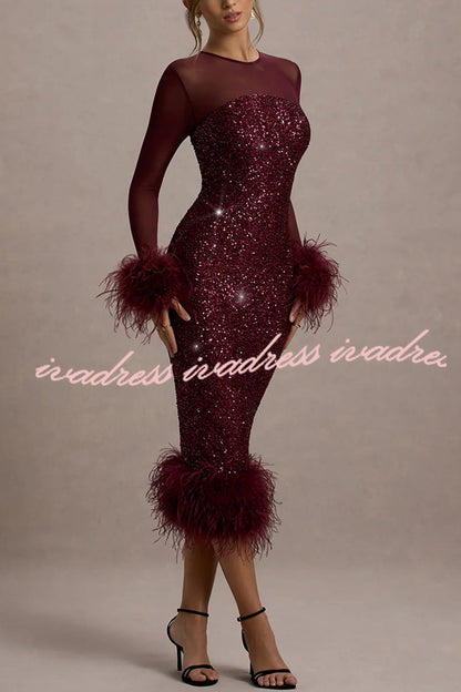 Glamor and Drama Mesh Sequin Patchwork Feather Trim Stretch Midi Dress