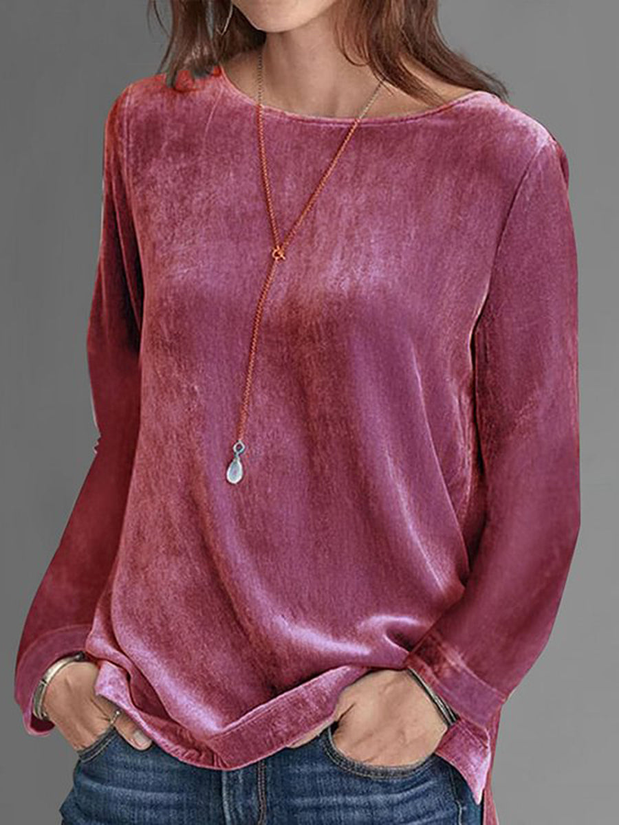 Casual Round Neck Long Sleeve Solid Velvet Sweatshirt