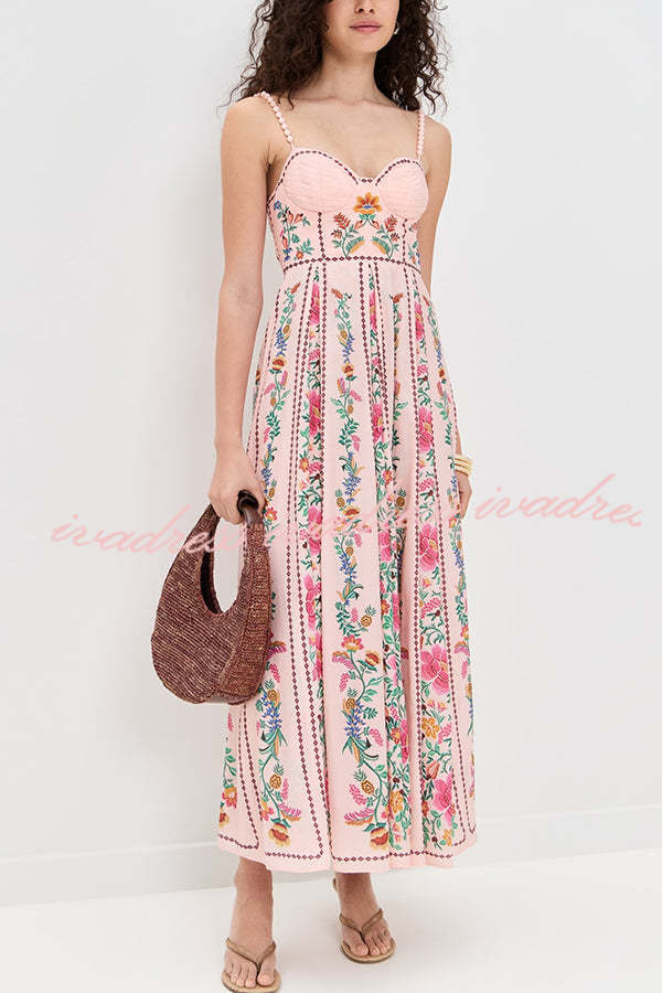 Linen Blend Delicate Forest Unique Print Sweetheart Neck Beaded Straps Maxi Dress
