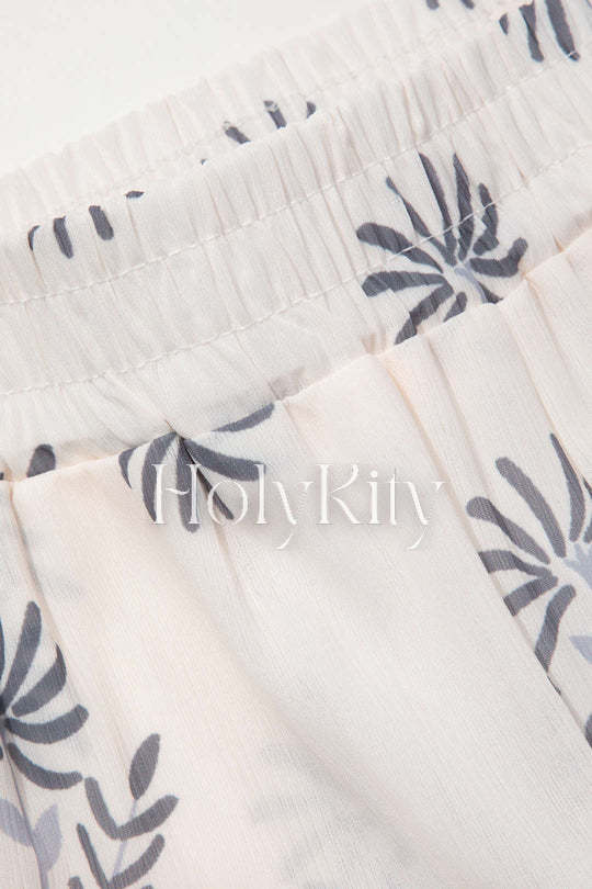 Printed V-neck Knot Front Blouse And Slit Hem Pants