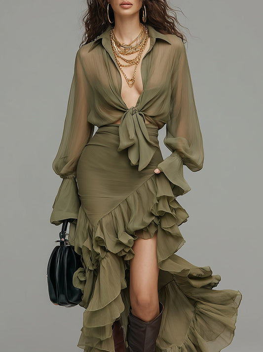 Bohemian Chiffon Blouse & Multi-layered Ruffled Fishtail Skirt Set