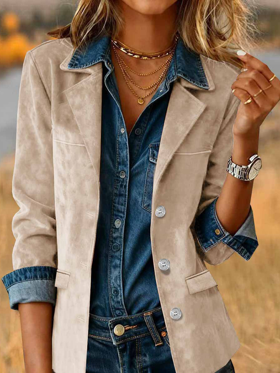 Daily Brown Turndown Collar Long Sleeve Pocket Vintage Button Chamois Blazer