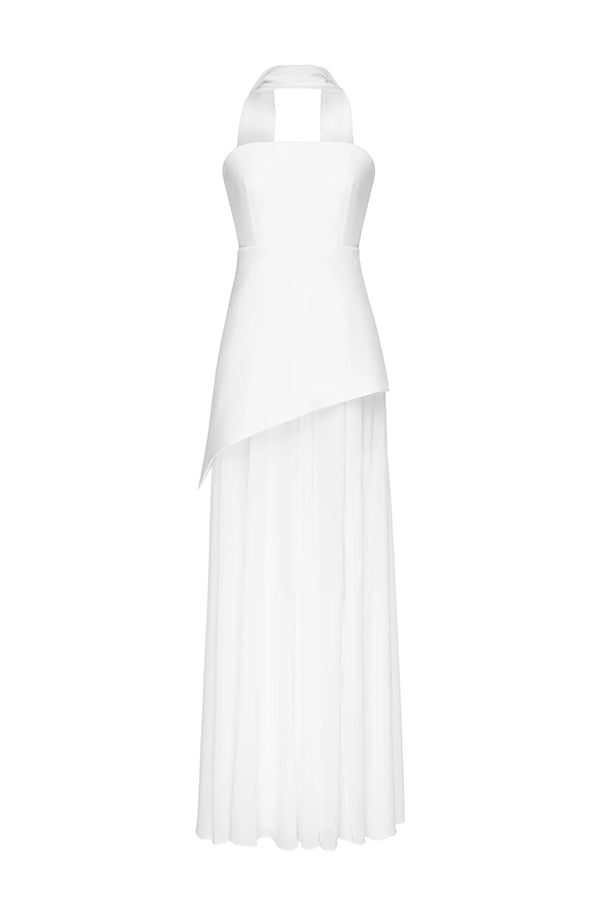 Vestido largo Monaco con hombros descubiertos, estructurado, de gasa y bajo con abertura 