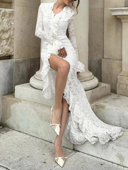 Daily White V Neck Long Sleeve Ruffle Casual Asymmetric Hem Lace Midi Dresses