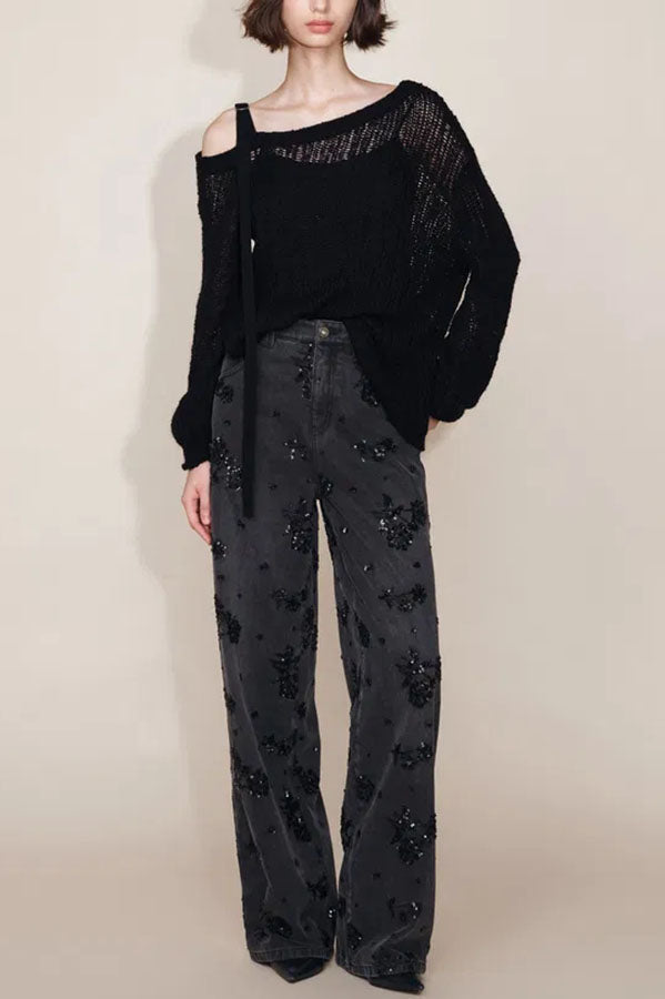 Jhenie Denim Beaded Sequin Floral Pattern Mid Rise Pocket Wide Leg Jeans