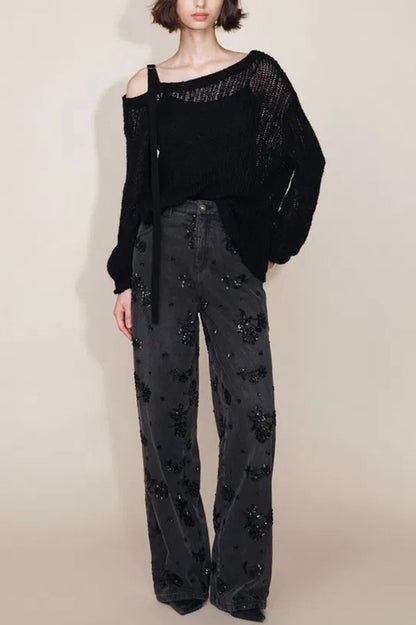 Jhenie Denim Beaded Sequin Floral Pattern Mid Rise Pocket Wide Leg Jeans