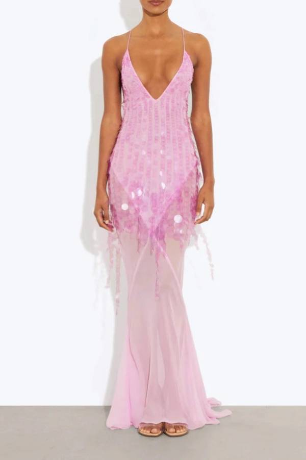 Vestidos largos lenceros con escote en V profundo, lentejuelas, dobladillo de cola de pez, espalda descubierta, color amarillo 