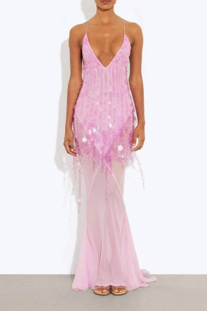 Vestidos largos lenceros con escote en V profundo, lentejuelas, dobladillo de cola de pez, espalda descubierta, color amarillo 