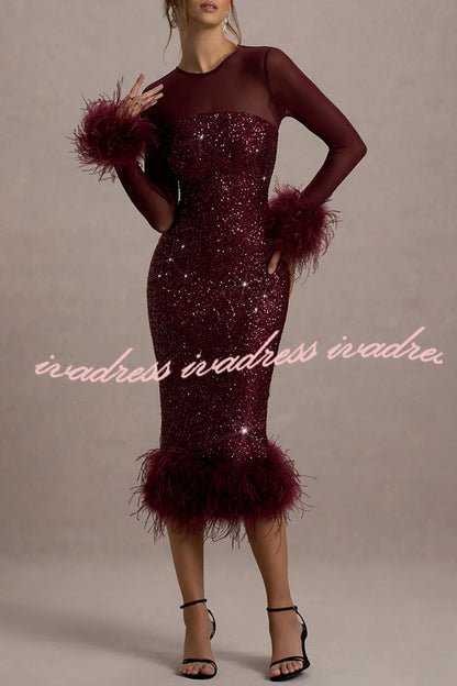 Glamor and Drama Mesh Sequin Patchwork Feather Trim Stretch Midi Dress