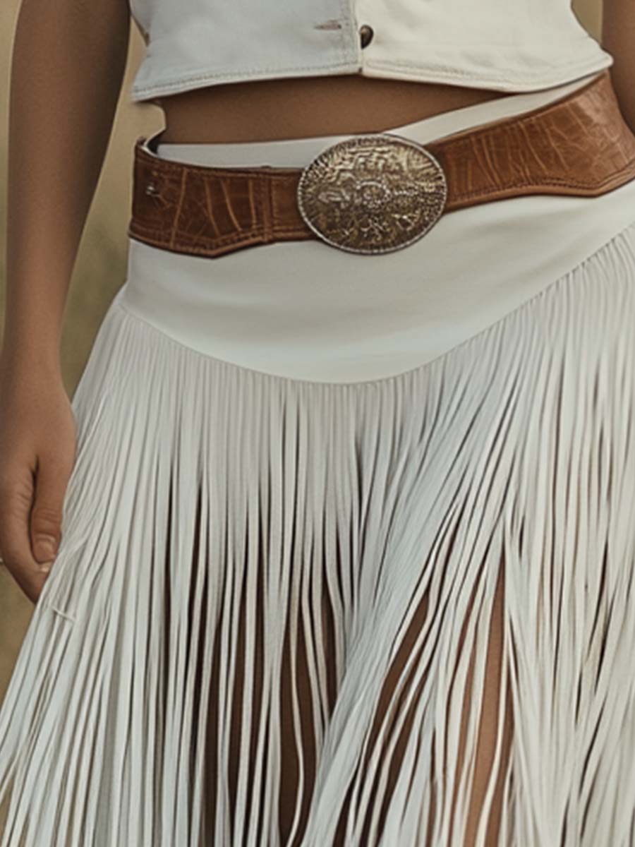 【24-hour shipping out】Retro Premium Western Style Brown Belt White Suede Tassel Skirt