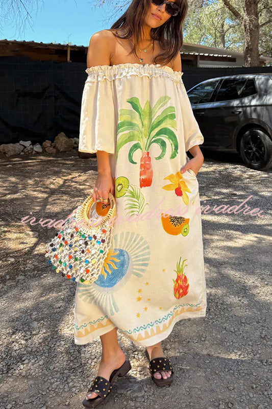Sunveil Linen Blend Unique Print Puff Sleeve Pocket Strapless Maxi Dress