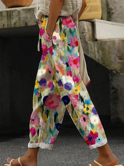 Casual Floral Pattern Pocket Straight Leg Pants