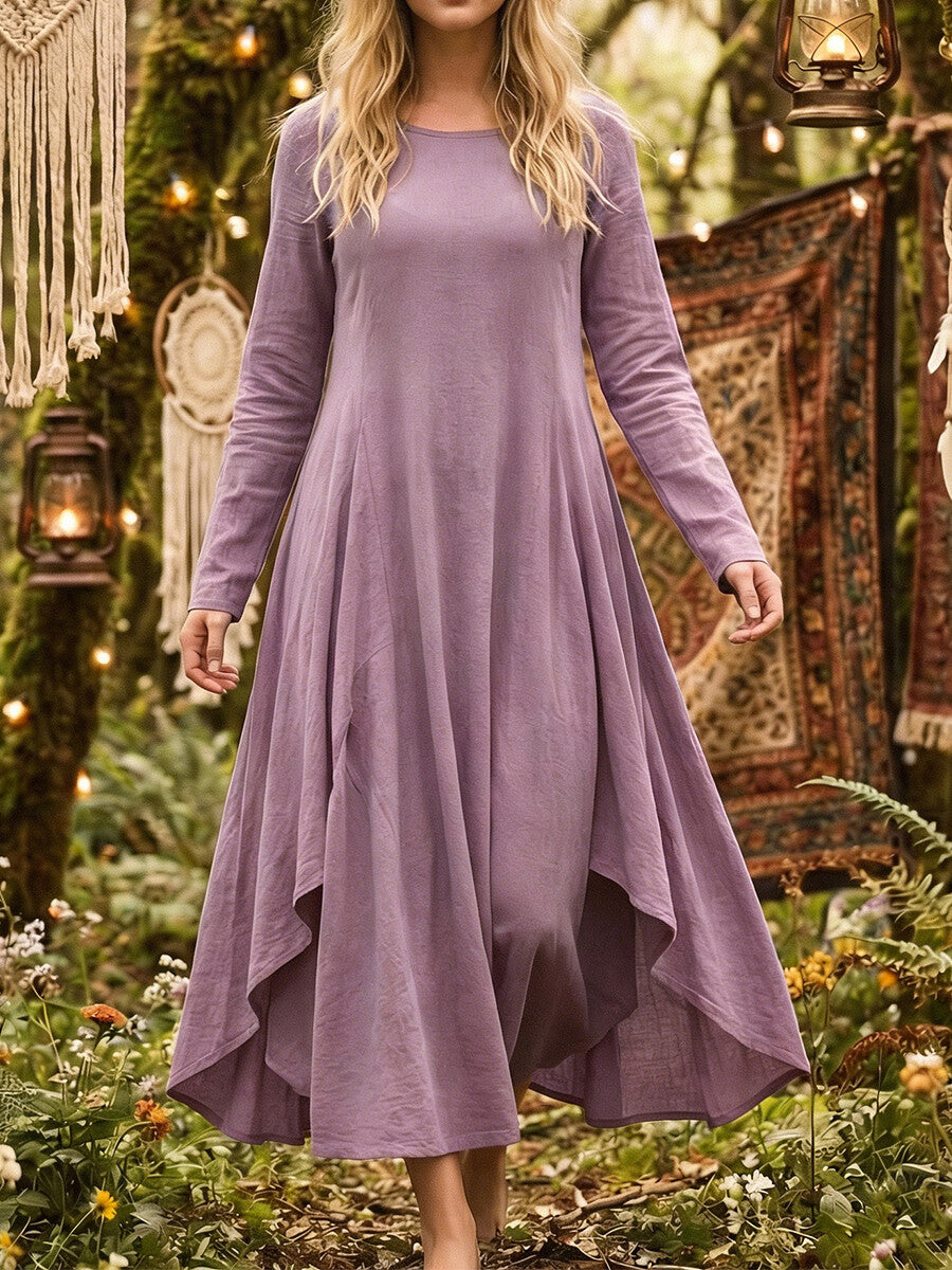 Vacation Blue Round Neck Long Sleeve Asymmetric Hem Vintage Ruffled Linen Maxi Dresses