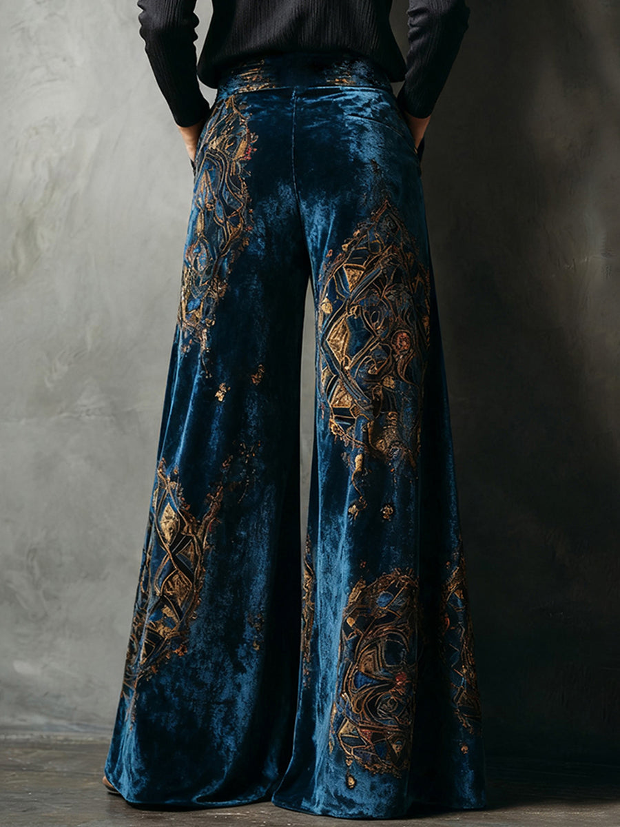 sheenchic Velvet Ethnic Print High Rise Slant Pocket Wide Leg Pants