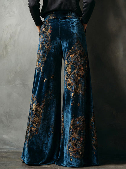 sheenchic Velvet Ethnic Print High Rise Slant Pocket Wide Leg Pants