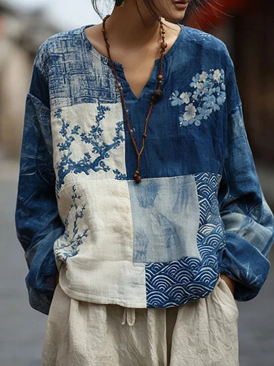 Vacation Burgundy Floral V Neck Lantern Sleeve Long Sleeve Contrast Vintage Linen Blouses