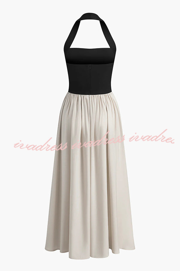 Fashion Contrast Color Stitching Sleeveless Backless Slim Maxi Dress