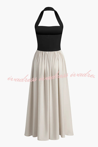 Fashion Contrast Color Stitching Sleeveless Backless Slim Maxi Dress