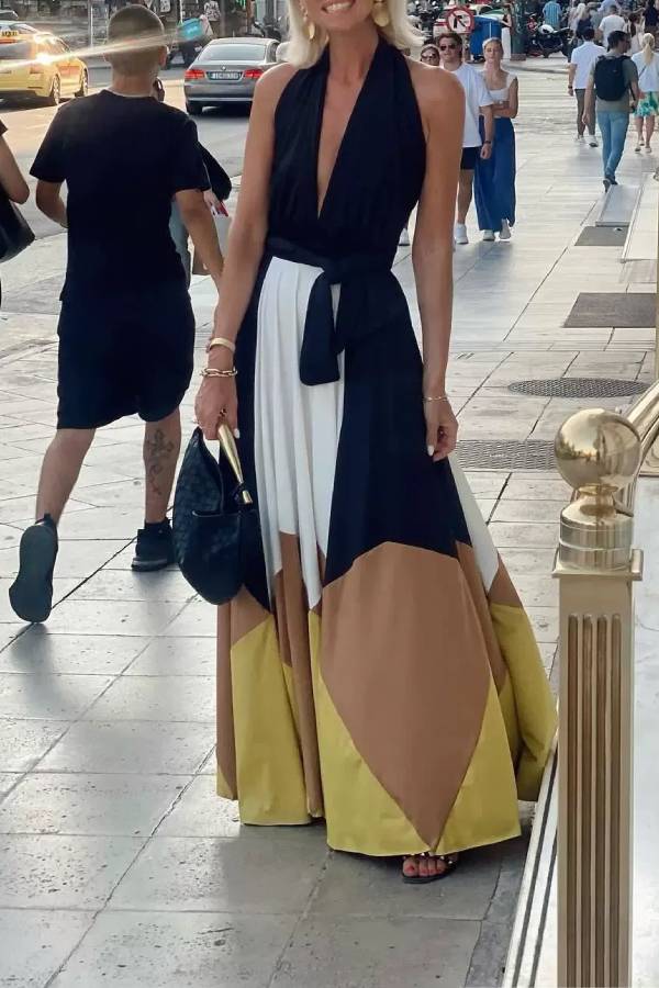 Colorblock Lace-up Backless Sexy Long Swing Dress