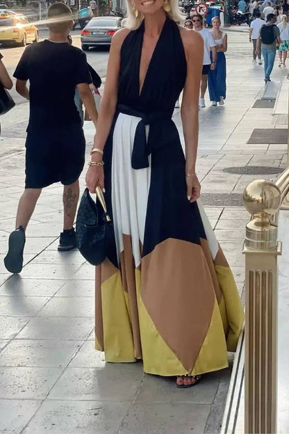 Colorblock Lace-up Backless Sexy Long Swing Dress