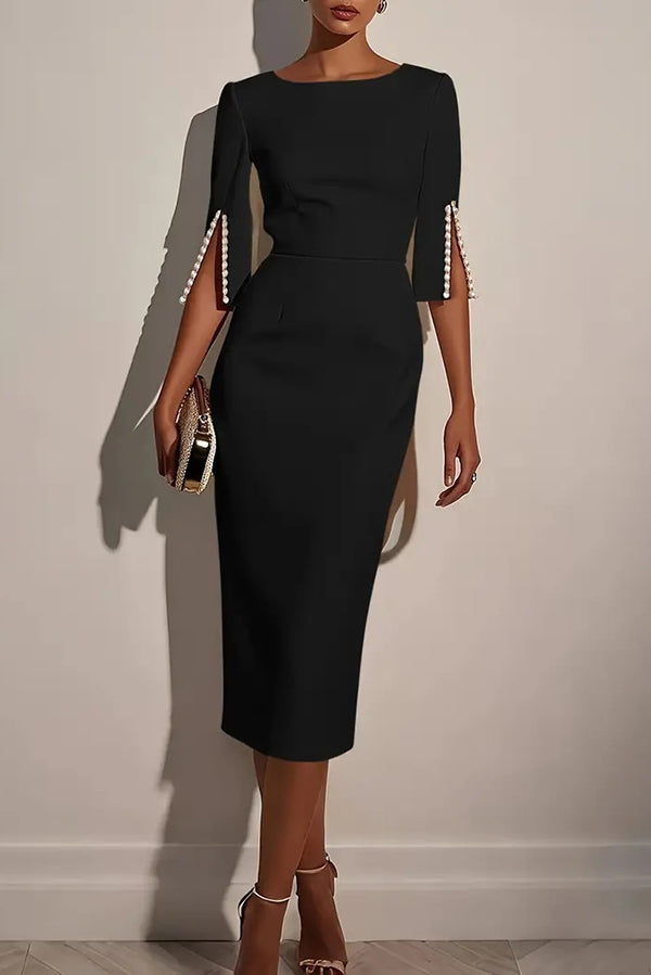 Solid Color Elegant Round Neck Half Sleeve Beaded Decorated Slim Fit Midi Dress