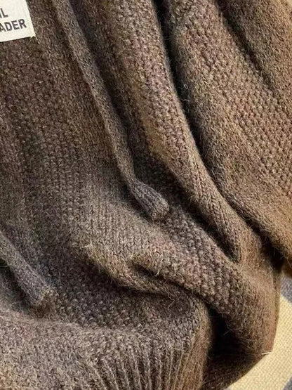 Casual Apricot Knitted Long Sleeve Half Button Drawstring Hooded Sweater