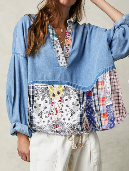 sheenchic Casual Denim Patchwork Half Placket Loose Blouse