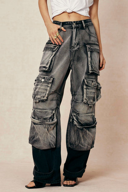Ombre Multi Pocket Wide Leg Cargo Jeans