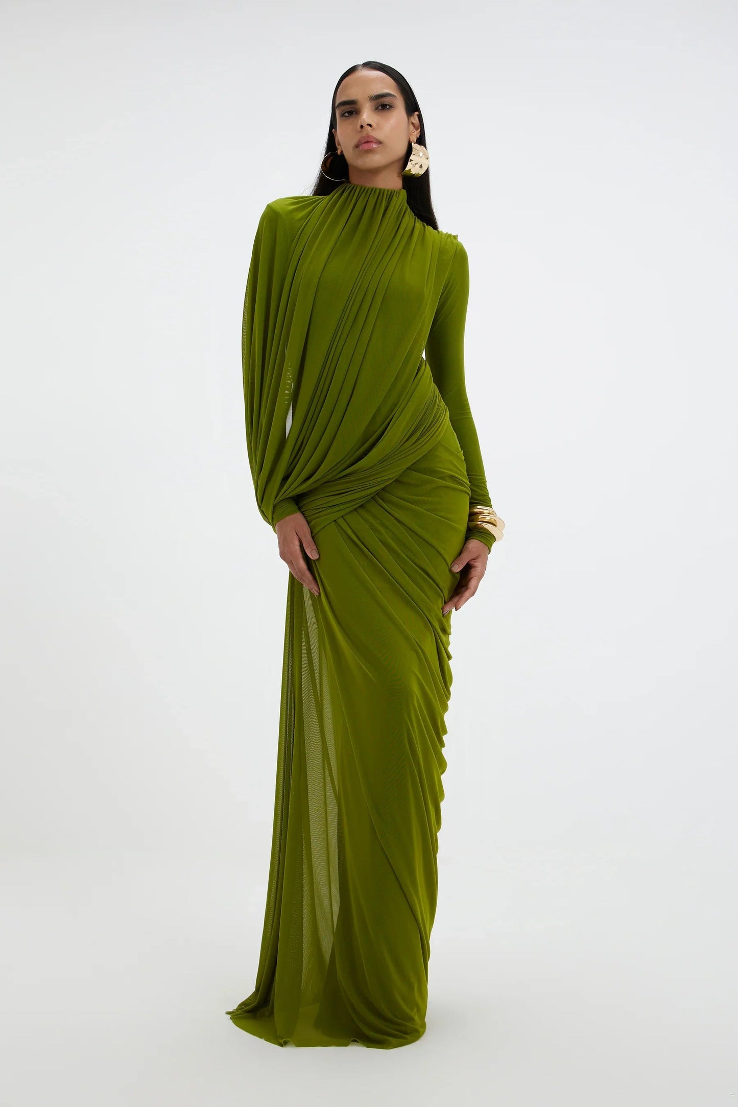 Sculptural Matcha Draped Maxi Dress