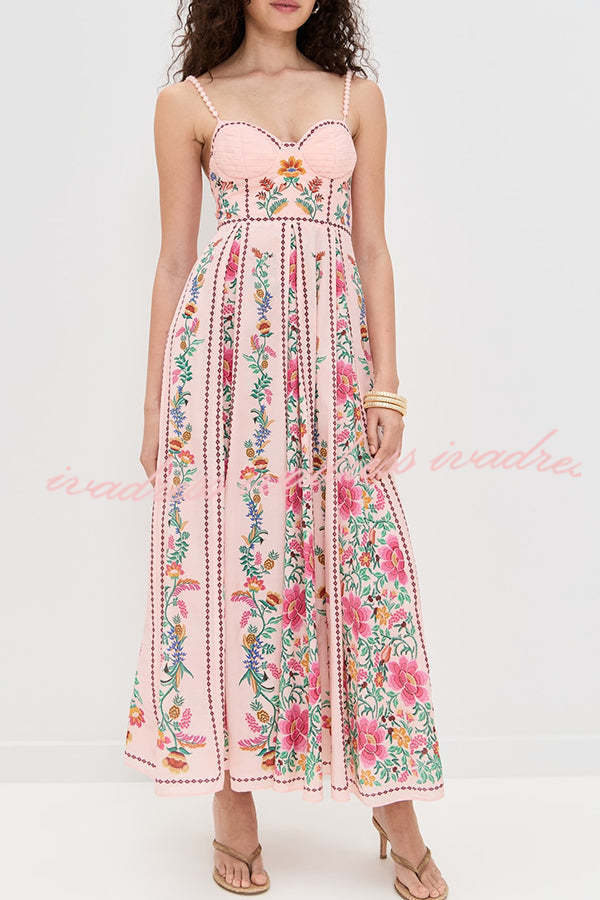 Linen Blend Delicate Forest Unique Print Sweetheart Neck Beaded Straps Maxi Dress