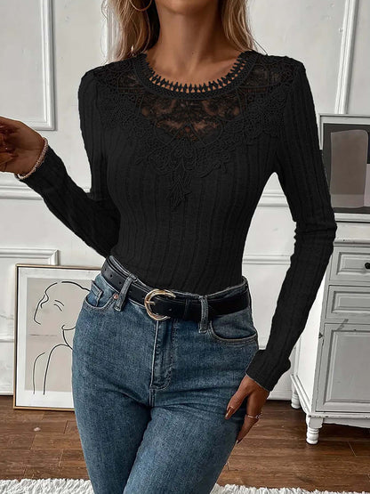 Valentines Grey Round Neck Long Sleeve Cut Out Casual Contrast Lace Blouses