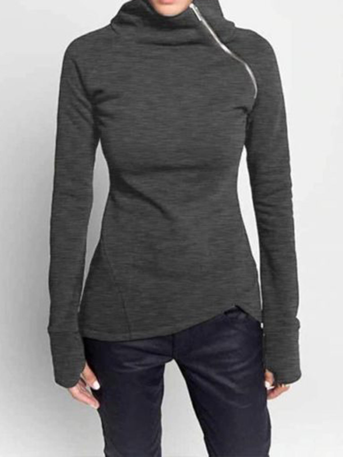 Casual High Neck Slant Zipper Long Sleeve Sweatshirt
