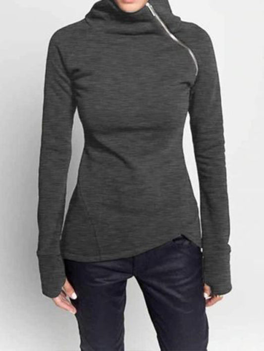 Casual High Neck Slant Zipper Long Sleeve Sweatshirt
