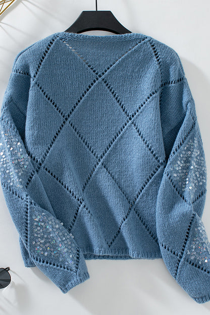 Fashionable Hollow Sequined Loose Rhombus Knitted Sweater