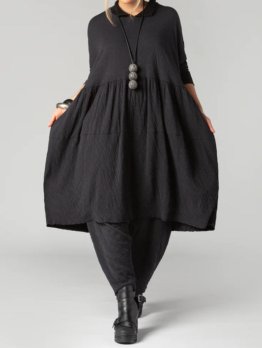 Casual Textured Plain Doll Collar Long Sleeve Midi Dress